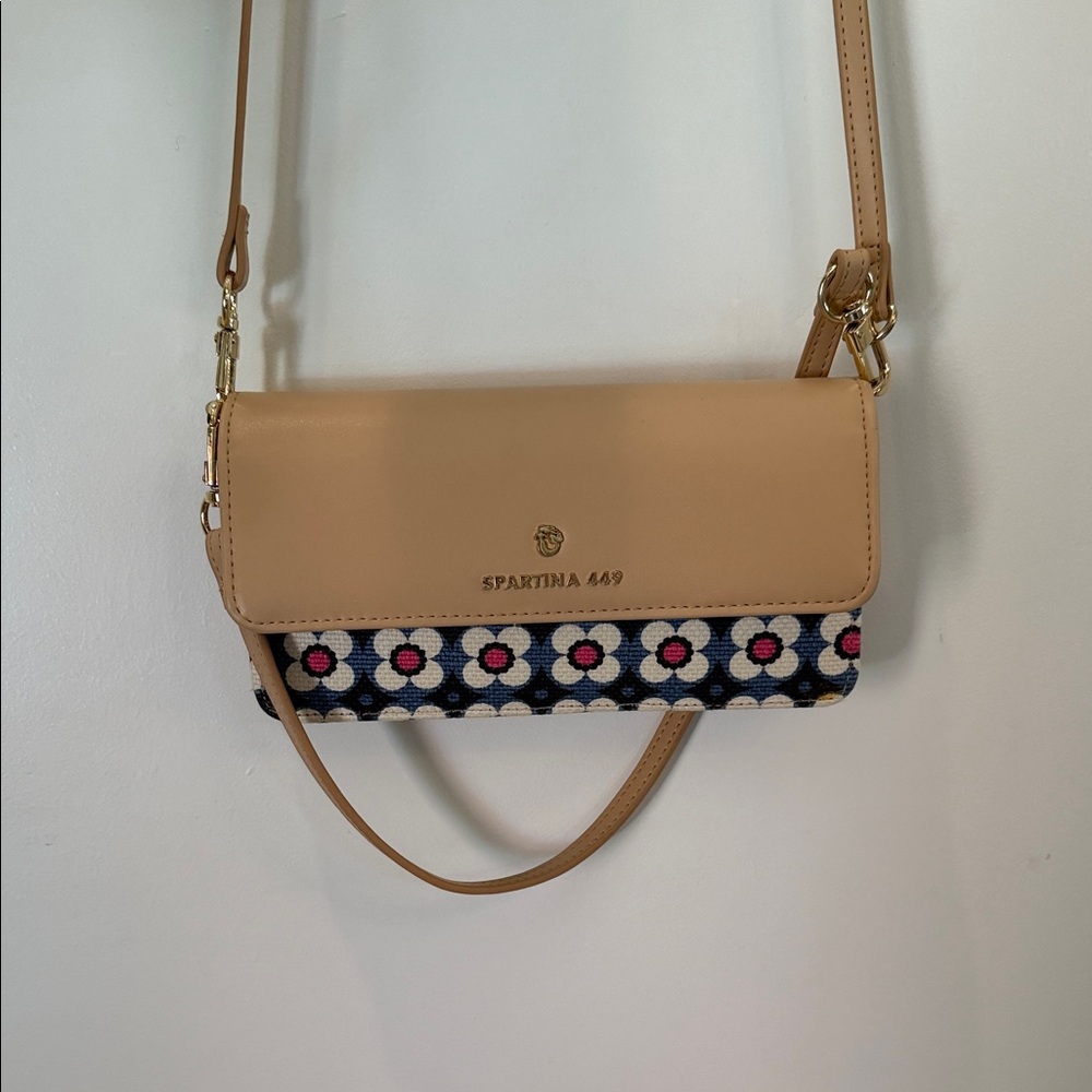 Spartina 449 Tan and Navy Floral Crossbody Bag
